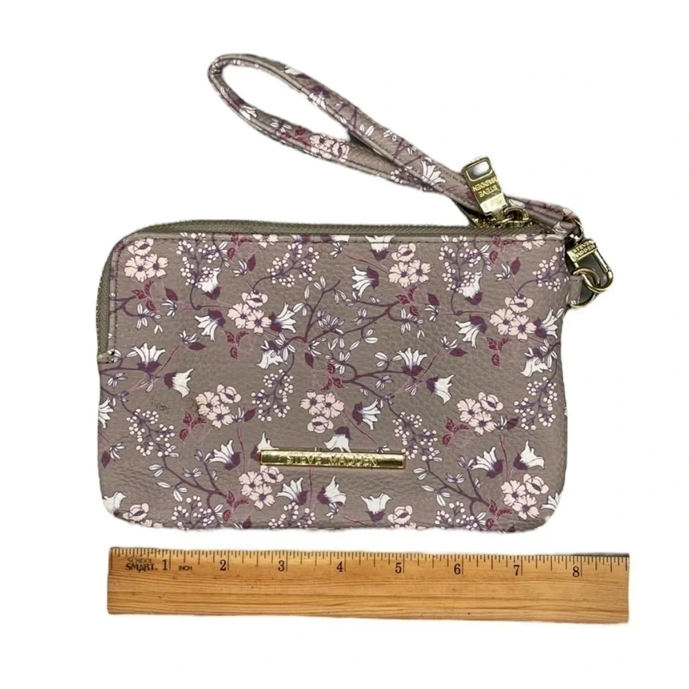 Steve Madden Wristlet floral gold zipper logo tan pink cottage garden cowgirl